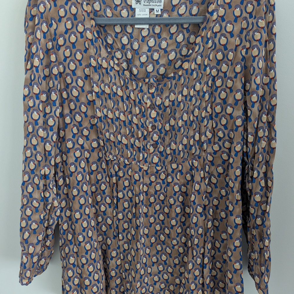 Papillon Blanc Brown and Gray Smocked 3/4 Sleeve Tunic